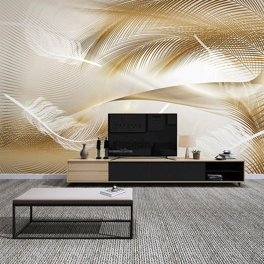 3D Golden Feather Wallpaper for Home Wall Decor-GraffitiWallArt