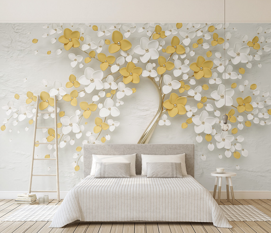 3D Tree White & Yellow Large Flowers Wallpaper Murals-GraffitiWallArt