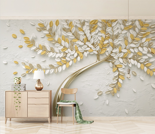 3D Tree Yellow Large Flowers Wallpaper Murals-GraffitiWallArt