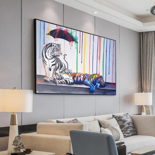 Abstract Colourful Tigers and Umbrella Canvas Wall Hanging Art-GraffitiWallArt