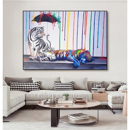 Abstract Colourful Tigers and Umbrella Canvas Wall Hanging Art-GraffitiWallArt