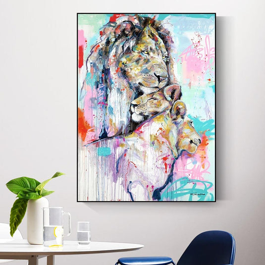 Abstract Graffiti Lion Family Canvas Wall Hanging Art-GraffitiWallArt