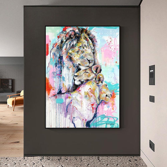 Abstract Graffiti Lion Family Canvas Wall Hanging Art-GraffitiWallArt