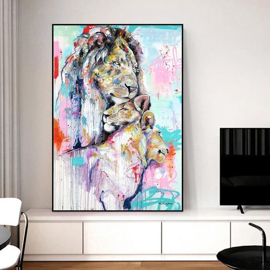 Abstract Graffiti Lion Family Canvas Wall Hanging Art-GraffitiWallArt