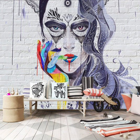 Abstract Masked Girl Cover Girl Wallpaper for Home Wall Decor-GraffitiWallArt