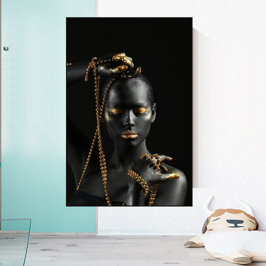 Afro Girl in Beads Jewel Canvas Wall Art-GraffitiWallArt