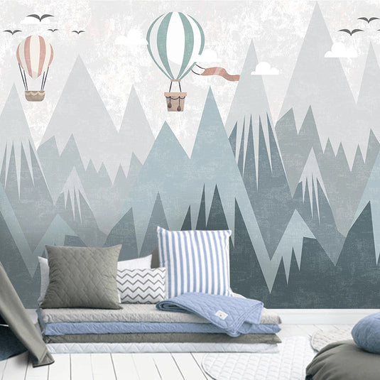 Air Balloons Flying over Mountain Peaks Nursery Wallpaper-GraffitiWallArt