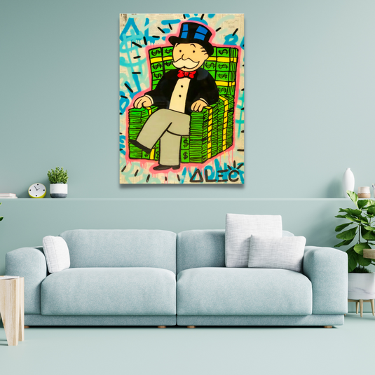 Alec Monopoly Gold Millionaire Dollars Sofa Canvas Wall Art-GraffitiWallArt