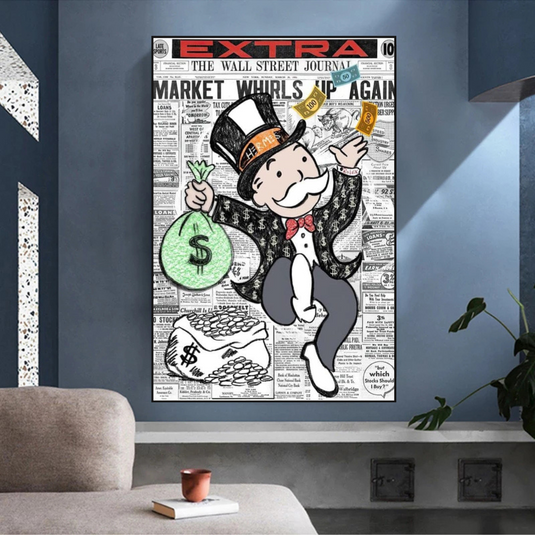 Alec Monopoly Money Bag Prints Newspaper Canvas Wall Art-GraffitiWallArt