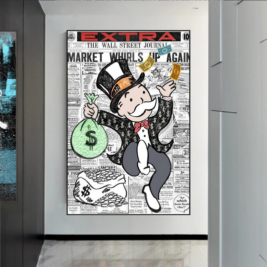 Alec Monopoly Money Bag Prints Newspaper Canvas Wall Art-GraffitiWallArt