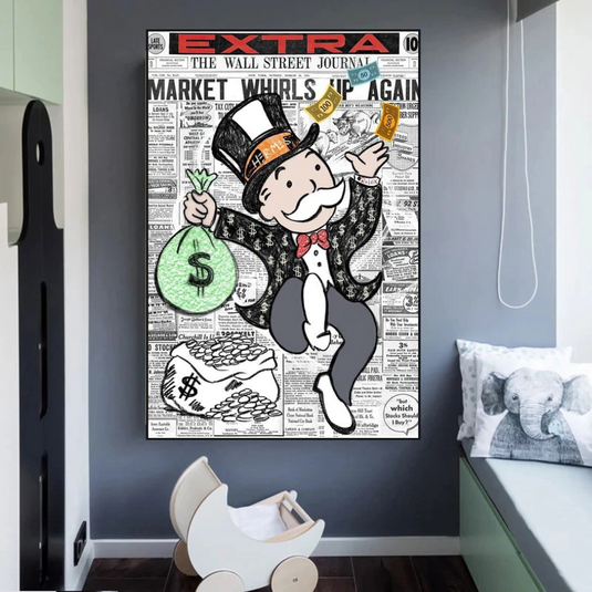 Alec Monopoly Money Bag Prints Newspaper Canvas Wall Art-GraffitiWallArt