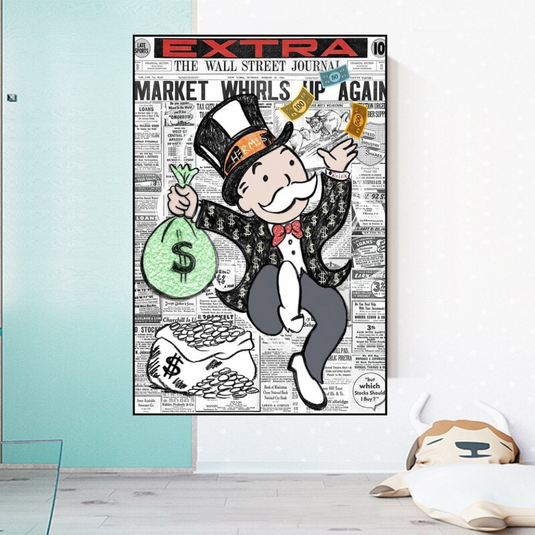 Alec Monopoly Money Bag Prints Newspaper Canvas Wall Art-GraffitiWallArt