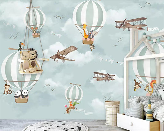 Animals Flying on Air Balloons in Sky Nursery Wallpaper-GraffitiWallArt