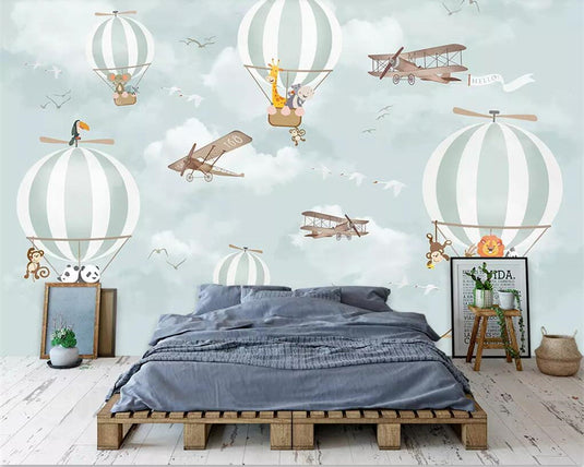 Animals Flying on Air Balloons in Sky Nursery Wallpaper-GraffitiWallArt