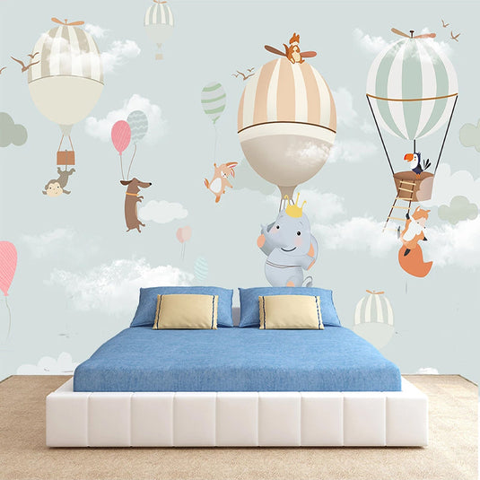 Animals Flying on Air Balloons Nursery Wallpaper-GraffitiWallArt