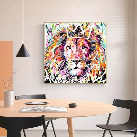 Animals Graffiti Lion With Crown Canvas Wall Art-GraffitiWallArt