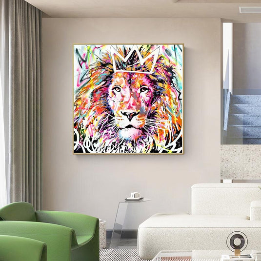 Animals Graffiti Lion With Crown Canvas Wall Art-GraffitiWallArt