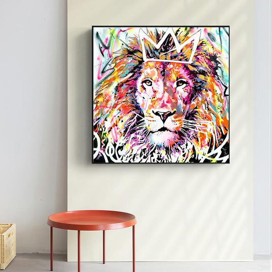 Animals Graffiti Lion With Crown Canvas Wall Art-GraffitiWallArt