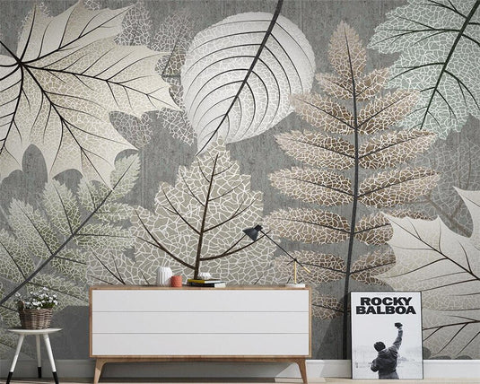 Artistic Monochrome Leaf Mural Wallpaper-GraffitiWallArt