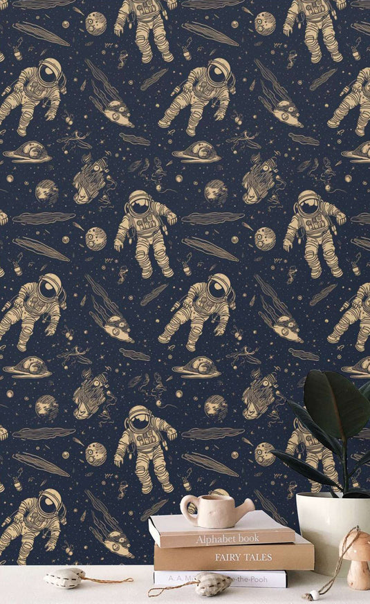 Astronauts on Moon Wallpaper Mural for kids Room-GraffitiWallArt