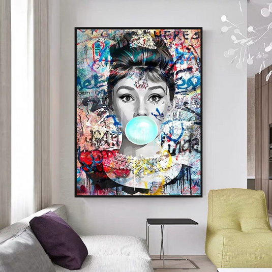 Audrey Hepburn Canvas Wall Art: Chewing Gum-GraffitiWallArt