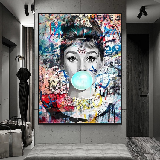 Audrey Hepburn Canvas Wall Art: Chewing Gum-GraffitiWallArt