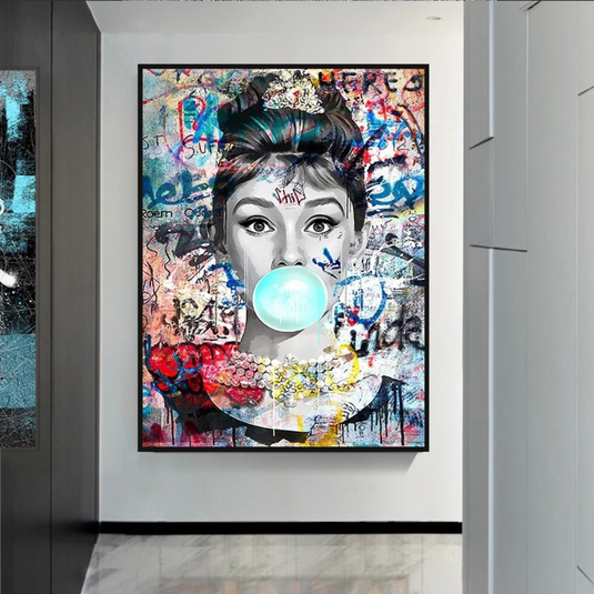 Audrey Hepburn Canvas Wall Art: Chewing Gum-GraffitiWallArt