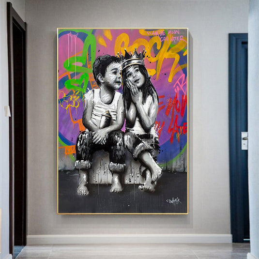 Banksy Graffiti Art Love Boy and Girl Canvas Wall Art-GraffitiWallArt