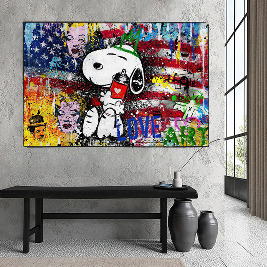 Banksy Snoopy Love Art Canvas Wall Art-GraffitiWallArt