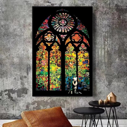 Banksy Stained Glass Canvas Wall Art-GraffitiWallArt