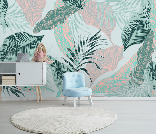 Beige and Green Leaves - Tropical Wallpaper Murals-GraffitiWallArt