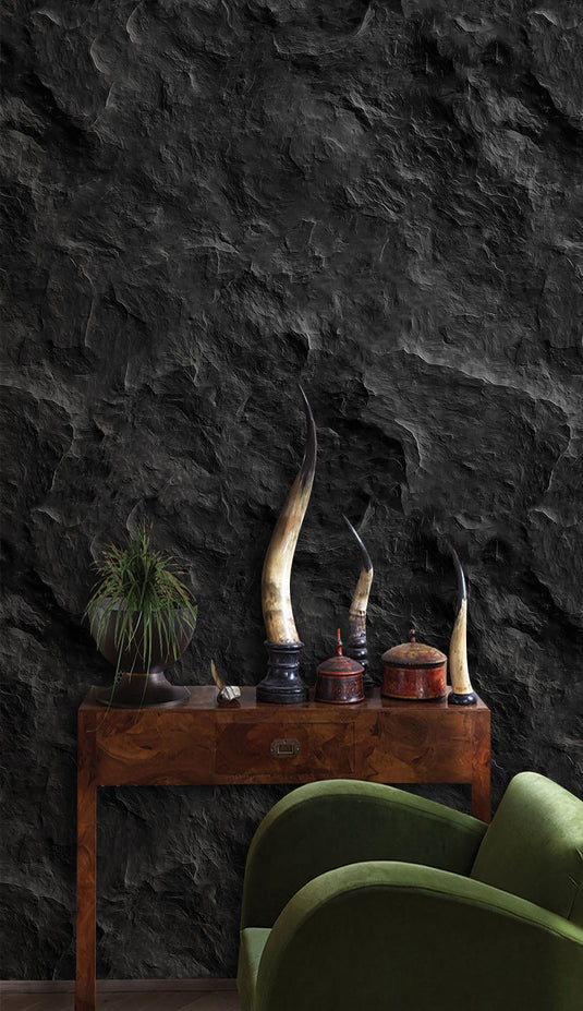 Black Grooved Stone Wallpaper Mural-GraffitiWallArt