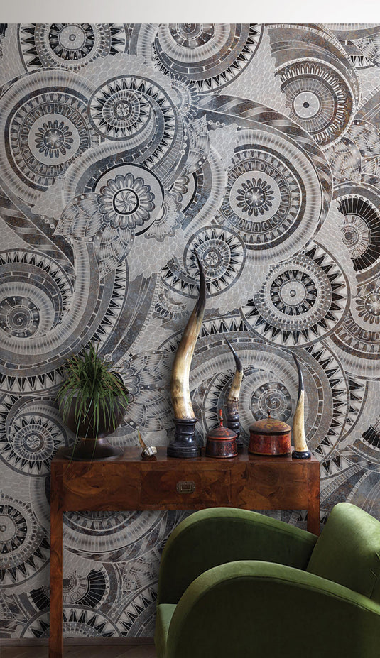 Black Mandala Boho Wallpaper Mural-GraffitiWallArt