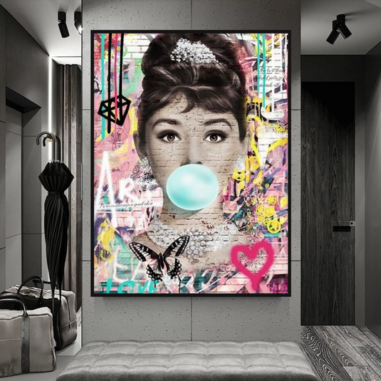 Blowing Bubbles: Audrey Hepburn Canvas Wall Art-GraffitiWallArt