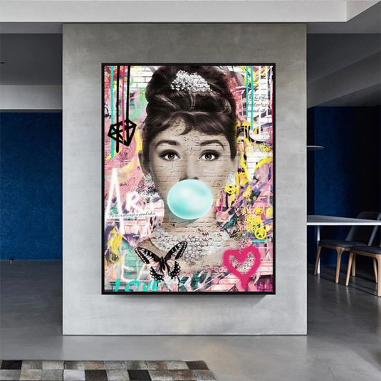 Blowing Bubbles: Audrey Hepburn Canvas Wall Art-GraffitiWallArt