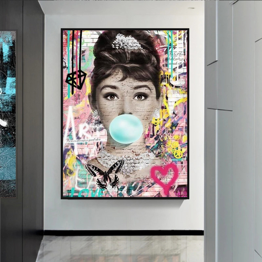 Blowing Bubbles: Audrey Hepburn Canvas Wall Art-GraffitiWallArt