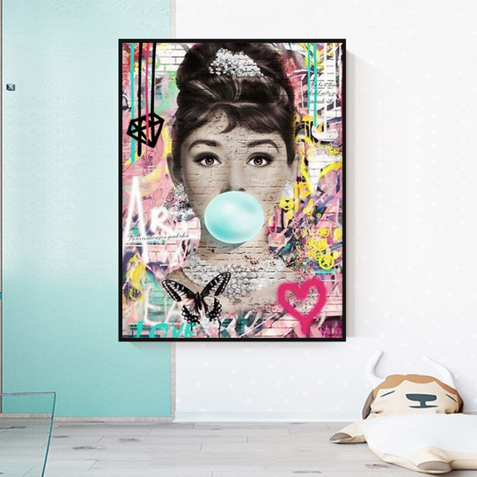 Blowing Bubbles: Audrey Hepburn Canvas Wall Art-GraffitiWallArt