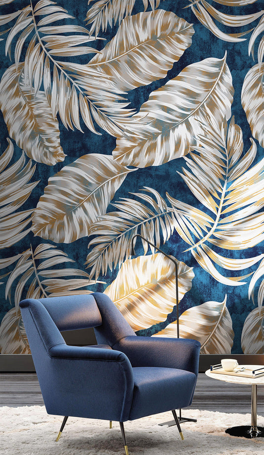 Blue Blushing Leaves Pattern Wallpaper Mural-GraffitiWallArt