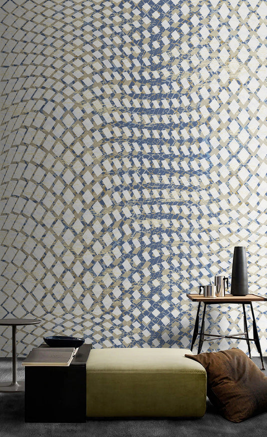 Blue Geometric Waves Wallpaper Mural-GraffitiWallArt