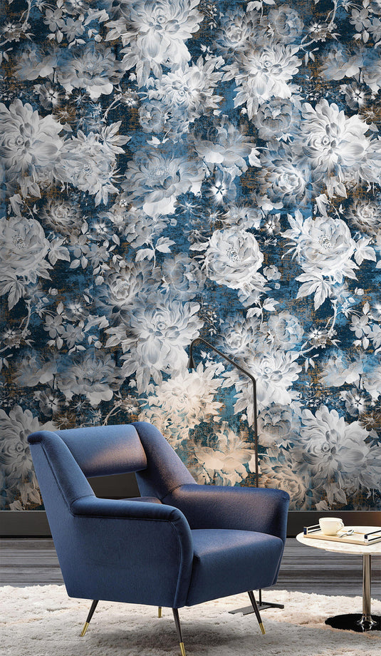 Blue Rose Floral Wallpaper Mural-GraffitiWallArt