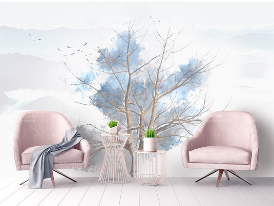 Blue Tree Sketch Wallpaper Murals-GraffitiWallArt