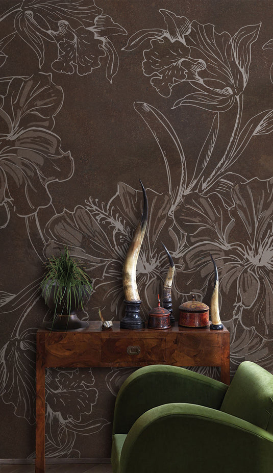 Brown Floral Sketch Wallpaper Mural-GraffitiWallArt