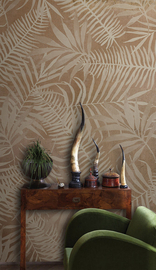 Brown Sketchy Leaves Wallpaper Mural-GraffitiWallArt