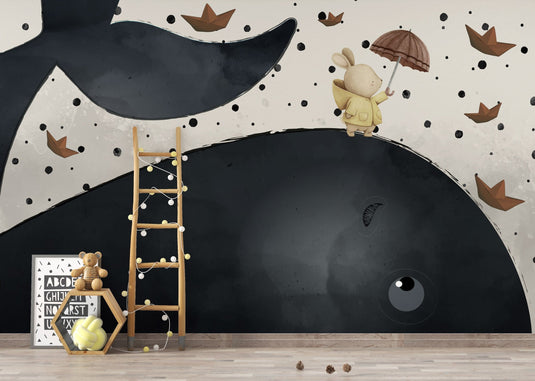 Bunny on Sea Whale: Kids Room Wallpaper Mural-GraffitiWallArt