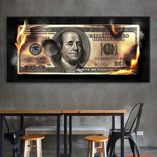 Burning 100 Dollar Bill Canvas Wall Art-GraffitiWallArt