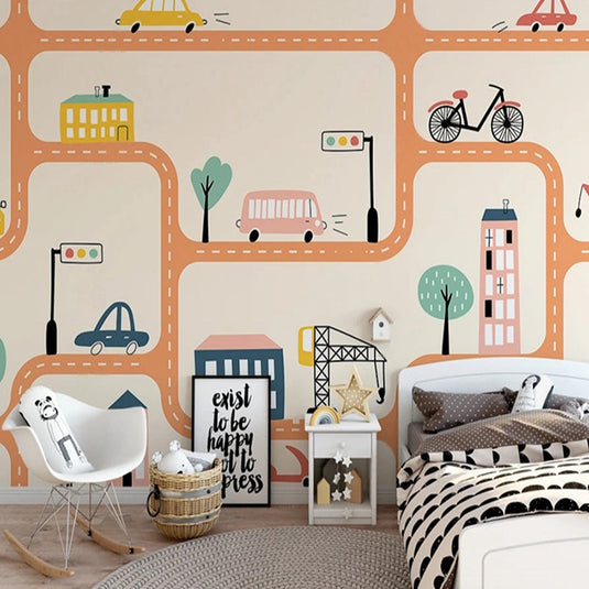 City Roads Car Tracks Nursery Wallpaper-GraffitiWallArt