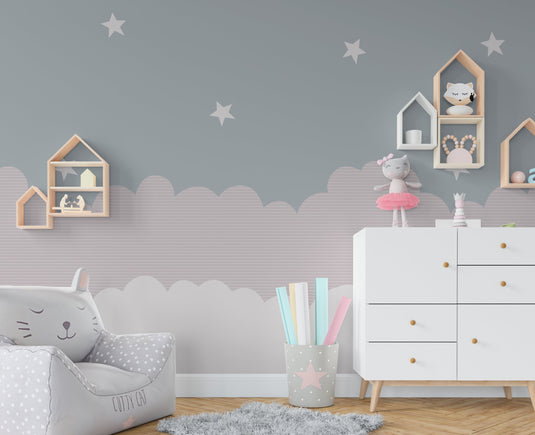 Clouds and Stars - Kids Nursery Wallpaper Mural-GraffitiWallArt