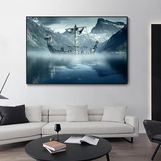 Cold North Sea Viking Long Ship Canvas Wall Art-GraffitiWallArt