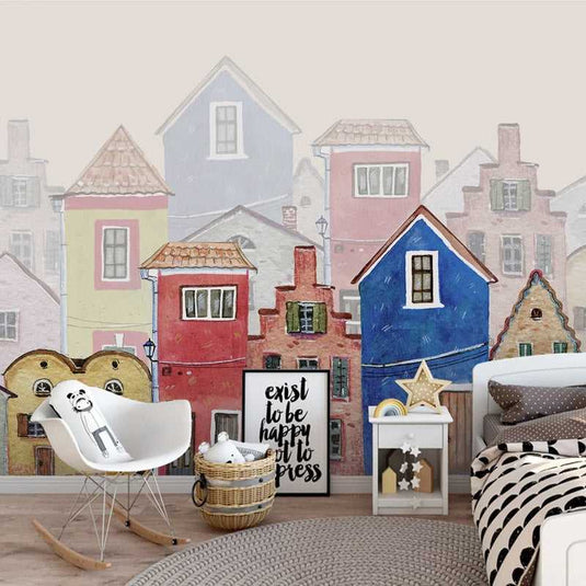 Colorful Houses Theme Wallpaper - Nursery Wallpaper-GraffitiWallArt