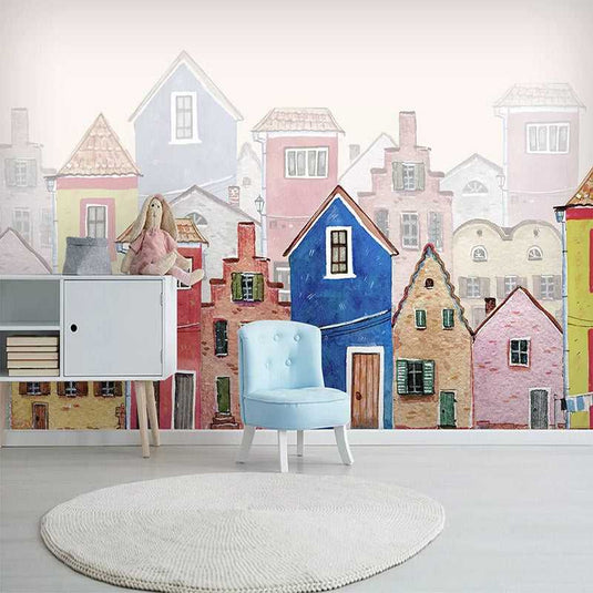 Colorful Houses Theme Wallpaper - Nursery Wallpaper-GraffitiWallArt